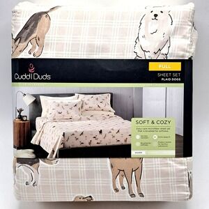Cuddl Duds Sheet Set Full Size Tan Plaid Dogs Microfiber Soft Warm Bedding New